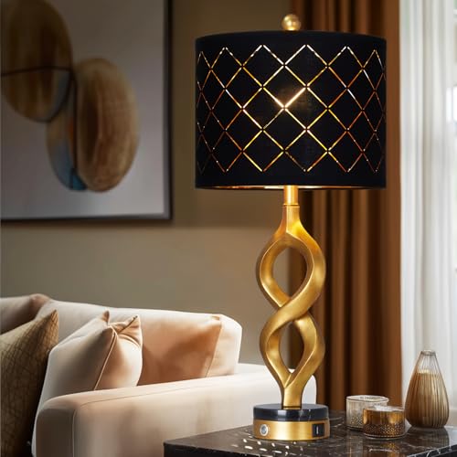 Cinyirong 30" Black and Gold Table Lamp for Living Room, Modern Touch Control Bedside Lamp for Bedroom, 3-Way Dimmable Sculptural Resin Nightstand Lamp with USB A+C Ports and 1 LED Bulb (1 Pack) - color: Black & Gold (1 Pack)