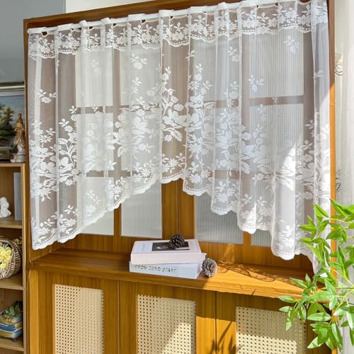 2pcs White Lace Arched Sheer Curtain for Doorway Kitchen Window - size: 63"W x 39"L (Pack of 2)