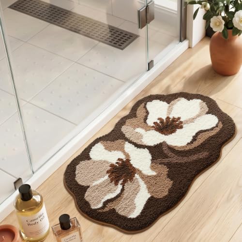 LUMI Flower Bathroom Rug, Absorbent Non Slip Bath Mat, 20x32, Brown Flower - color: Floral-brown Flower