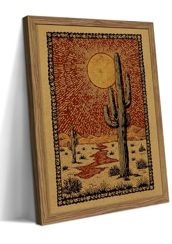 Framed Vintage Desert Cactus Wall Art, Desert Giant Cactus Canvas Print, Retro Style Sunburst Landscape Artwork, Southwestern Rustic Wall Decor for Living Room Bedroom Office 8x10in - color: Desert Cactus, size: 10"L x 8"W