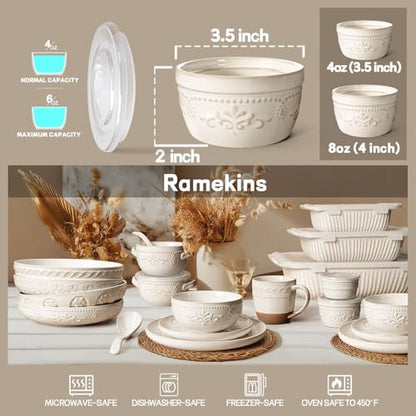 Artena Ramekins with Lids, Creme Brulee Ramekins Oven Safe, Ceramic Pudding Cups, Souffle Cups, Custard Cups, Dipping Sauce Cups, Food Storage Containers with Lids, Set of 4 (4 oz, Multiple Patterns) - size: 3.5 inch (Multiple Patterns, White)