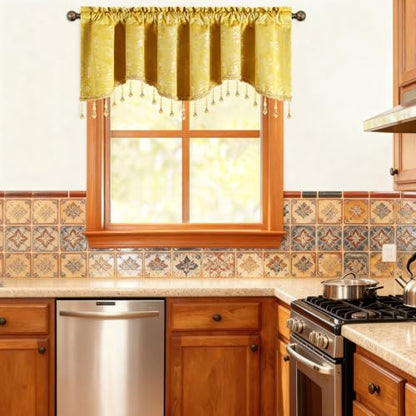 Leeva Yellow Floral Scalloped Rod Pocket Window Valance, 52 x 18, 1 Panel - color: Yellow