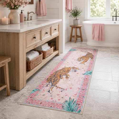 Moynesa 2x6 Pink Tiger Hallway Runner Rug, Washable Boho Runner for Kitchen - color: Pink, size: 2' x 6' (Rectangular)