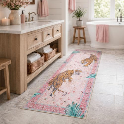 Moynesa 2x6 Pink Tiger Hallway Runner Rug, Washable Boho Runner for Kitchen - color: Pink, size: 2' x 6' (Rectangular)