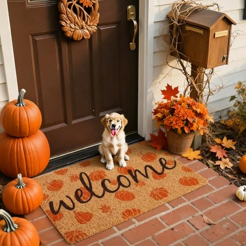 Fall Door Mat Outdoor Pumpkin Coir Welcome Doormat for Front Porch Entryway
