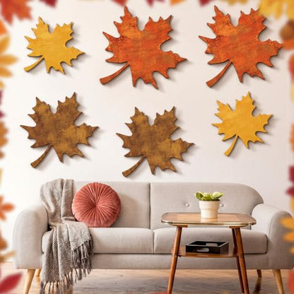 CroBlissful 6 Pcs Fall Maple Leaves Wall Decor Autumn Wooden Wall Art - size: 9.45 in, style: Solid