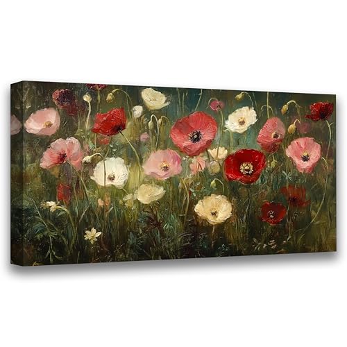 Abstract Wall Art Canvas Print Flower Painting Bathroom Decor Paintings Modern Style Living Room Bedroom Office Home Kitchen Decor Nature Landscape Artwork Wooden Frame 20x40 inches - color: Green Background Red Yellow White Flowers, size: 40"L x 20"W