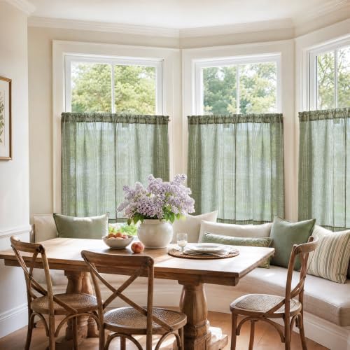 jinchan Linen Striped Tier Curtains for Kitchen Windows Boho - color: Boho Sage Green | on Beige, size: 26"W x 24"L (Pack of 2)