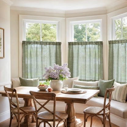 jinchan Linen Striped Tier Curtains for Kitchen Windows Boho - color: Boho Sage Green | on Beige, size: 26"W x 24"L (Pack of 2)