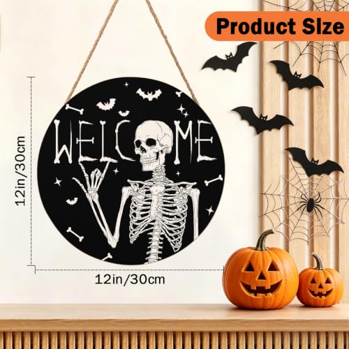 Halloween Skull Welcome Door Sign 12x12 Inch Halloween Wreaths for Front Door Spooky Skeleton Welcome Sign Rustic Wooden Holiday Decor for Front Porch Window Wall Farmhouse Indoor Outdoor - color: Halloween Skull - Spooky Skeleton