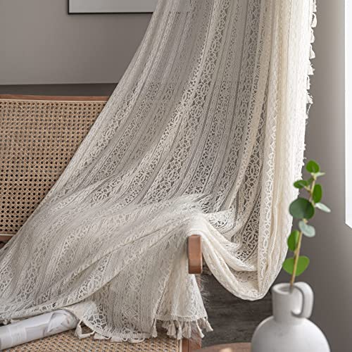 WAZZIO Boho Lace Curtains 84 inch Curtains 2 Panel,Rod Pocket Vintage Bohemian Farmhouse Crochet Cotton Geometry Privacy Sheer Curtain Drapes Farmhouse for Living Room Bedroom,Beige - color: Beige, size: 59"W x 84"L (Pack of 2)
