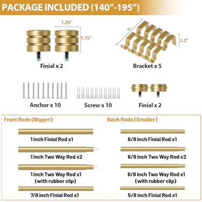 TONIAL 1 Inch Double Curtain Rods for Windows, 140 to 180 Inch Long, Gold - color: Gold, size: 140-180"