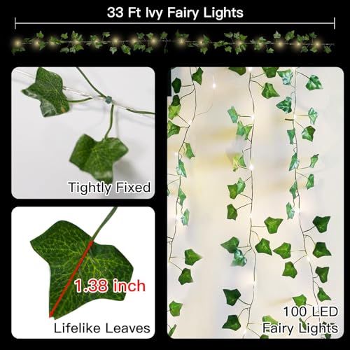 suddus 33FT 100LED Ivy Vine Fairy Lights Battery Operated Copper Wire - color: IVY, size: 100 LED-Battery