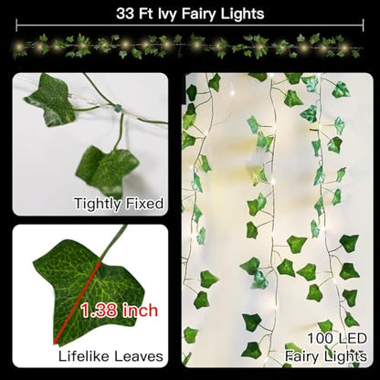 suddus 33FT 100LED Ivy Vine Fairy Lights Battery Operated Copper Wire - color: IVY, size: 100 LED-Battery