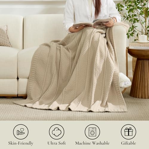 Amélie Home Chenille Knit Throw Blanket, Sandy Beige 50"x60" - color: Sandy Beige, size: 50" X 60"