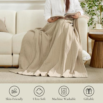 Amélie Home Chenille Knit Throw Blanket, Sandy Beige 50"x60" - color: Sandy Beige, size: 50" X 60"