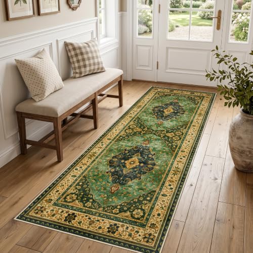 Joydeco 2x6 Runner Rug for Hallway, Kitchen Runner Rugs Non Skid Washable - color: Green/Beige, size: 2' x 6' (Rectangular)