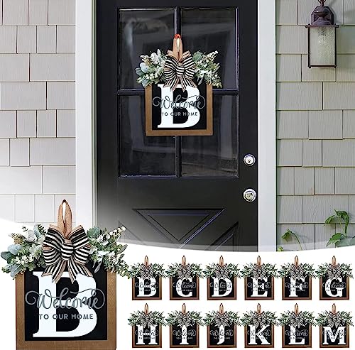 Last Name All Year Round Front Door Wreath with 26 Initial Letter Welcome Sign All Seasons Eucalyptus Garland and Bow ，Farmhouse, Porch, for Spring Summer Fall All Seasons Holiday Halloween Christmas. (B) - color: B