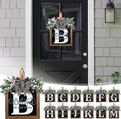 Last Name All Year Round Front Door Wreath with 26 Initial Letter Welcome Sign All Seasons Eucalyptus Garland and Bow ，Farmhouse, Porch, for Spring Summer Fall All Seasons Holiday Halloween Christmas. (B) - color: B
