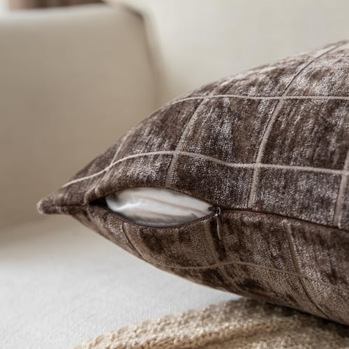 Set of 2 Chenille Check Throw Pillow Covers Decorative Vintage Plaid Pillowcase Neutral Boho Couch Pillows Farmhouse Cushion Covers for Sofa Couch Living Room 40x40 Inch,Brown - color: Brown, size: 16" x 16" (Pack of 2)