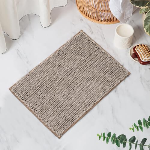 FRESHMINT Chenille Bath Rugs Extra Soft and Absorbent Microfiber Shag Rug, Non-Slip Runner Carpet for Tub Bathroom Shower Mat, Machine-Washable Durable Thick Area Rugs (Taupe + White, 24" x 17") - color: Taupe & White, size: 1'5" x 2' (Rectangular)