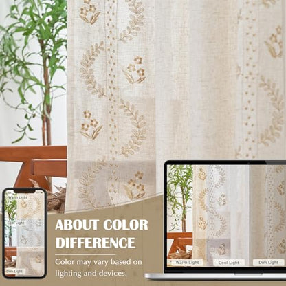 jinchan Floral Linen Curtains 72 Inch Farmhouse Back Tab 2 Panels - color: Beige, size: 50"W x 72"L (Pack of 2)