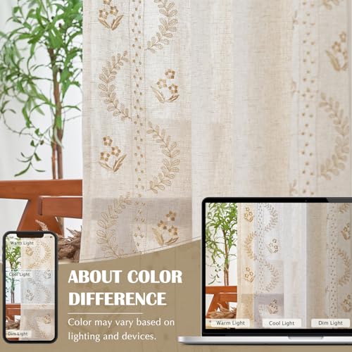jinchan Floral Linen Curtains 63 Inch Farmhouse Back Tab 2 Panels - color: Beige, size: 50"W x 63"L (Pack of 2)