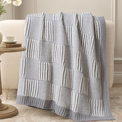 Amélie Home Checkered Chenille Knit Throw Blanket for Couch, Gray 50"x60" - color: Checkered Gray, size: 50" X 60"