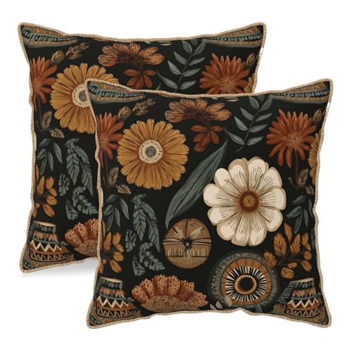 KSLIDS Boho Flower Soft Velvet Throw Pillow Covers Set of 2 Modern Abstract Retro Bohemian Flower Decorative Pillow Covers 18x18 Inch Mid Century Tropical Leaves Pillow Case for Sofa Couch Home Decor - color: Mid Century Flower, size: 18" x 18" (Pack of 2