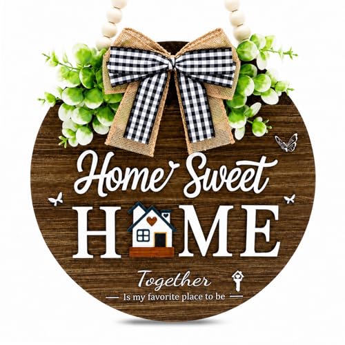 Welcome Sign for Front Door, Wooden Home Sweet Home Decor Outdoor, 3D Farmhouse Hanging Door Wreath with Artificial Greenery, Porch Welcome Sign Hanger All Year Round (Brown) - color: Brown