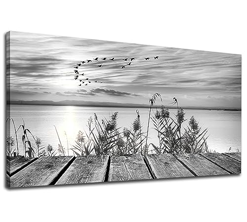 yearainn Black and White Canvas Wall Art Sunset Lake with Flying Birds Pictures for Wall Decor Nature Landscape Canvas Painting Artwork for Living Room Bedroom Office Home Wall Decoration 24" x 48" - color: Black and White Sunset Lake, size: 48"L x 24"W