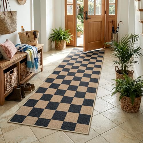 Lahome Checkered Easy Jute Kitchen Runner Rug, 2x8 Outdoor Rugs Washable - color: Black/Checkerboard -1, size: 2'6" x 8' (Runner)