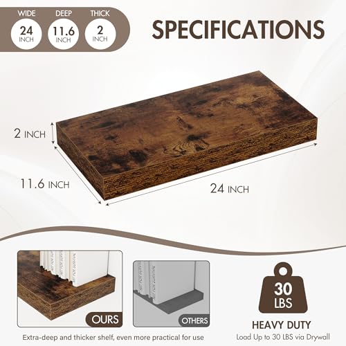 Acovy 24 Inch Floating Shelves, 12" Deep Floating Shelf Wall Mounted, 24" Wall Shelves, Rustic Deep Bookshelf, Extra Deeper & Thicker Display Shelves for Bedroom, Living Room, Brown, Set of 2 - color: Brown, size: 12"Wx24"L-2pcs