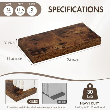 Acovy 24 Inch Floating Shelves, 12" Deep Floating Shelf Wall Mounted, 24" Wall Shelves, Rustic Deep Bookshelf, Extra Deeper & Thicker Display Shelves for Bedroom, Living Room, Brown, Set of 2 - color: Brown, size: 12"Wx24"L-2pcs