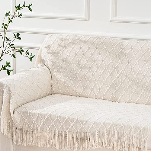 BATTILO HOME Large Cream Throw Blanket with Fringe, End of Bed Throw Blankets White,Spring Throw Blanket for Couch Sofa Indoor Outdoor, 52"x80" - color: White, size: 52 x 80 in.