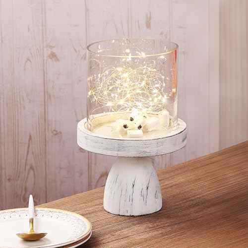 7" Wide Farmhouse Glass Hurricane Candle Holder & Glass Vase with Distressed White Sturdy Solid Wooden Base for Pillar & Flower Arrangement, Terrarium, Centerpiece, Console Table, Dining Table, Mantel - color: Rustic White, size: 7"x10"