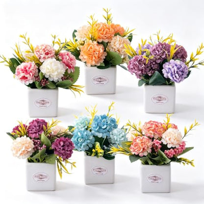 6Pcs Artificial Flowers with Ceramic Pot Small Fake Hydrangea Flowers - color: Multi-color