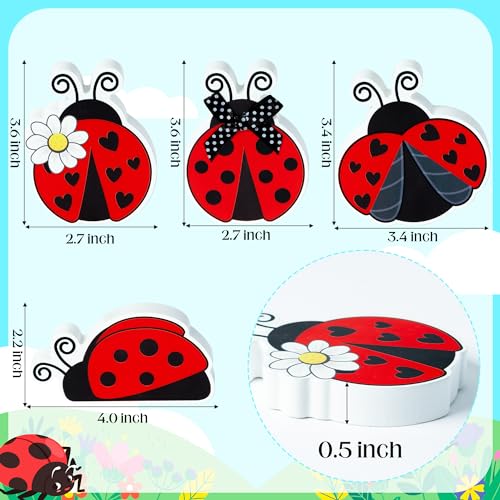 WATINC 4PCS Ladybug Tiered Tray Decor, Spring Summer Wooden Table Centerpiece Sign, Double-sided Ladybug Printed Wood Tabletop Sign, Ladybird Farmhouse Rustic Party Decoration for Holiday Home Kitchen - style: Ladybug