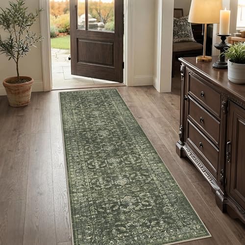 2x8 Washable Kitchen Runner Rug Non-Slip Boho Dark Green Throw Carpet - color: Dark Green, size: 2' x 8' (Runner)