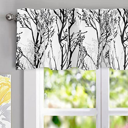 DriftAway Tree Branch Lined Valance Double Layer Blackout Thermal Insulated Abstract Ink Printing Window Curtain Valance Rod Pocket 52 Inch by 14 Inch Plus 2 Inch Header Black White 1 Pack - color: Black White, size: 52"W x 14"L (Pack of 1)