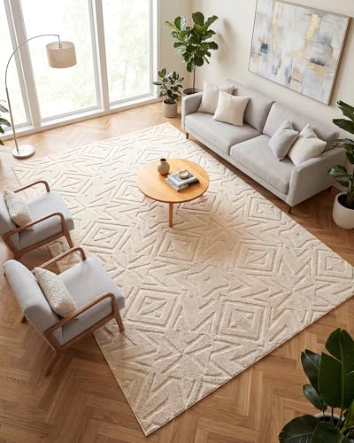 Carvapet 5x7 Area Rug Beige Geometric Washable High Low Pile Carpet - color: Geometric Beige, size: 5' x 7' Rectangular