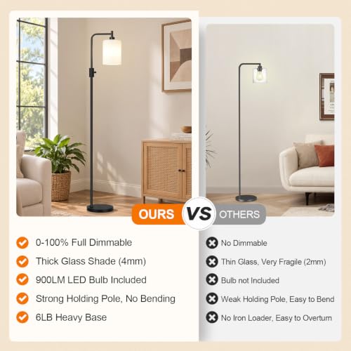 【Upgraded】 Dimmable Floor Lamp for Living Room with Opal Glass Lampshade, Black Modern Glass Floor Lamp with 900LM LED Bulb Included, Arc Standing Tall Lamp for Bedroom, Office, Reading Room, Corner - color: Opal Glass-Matte Black
