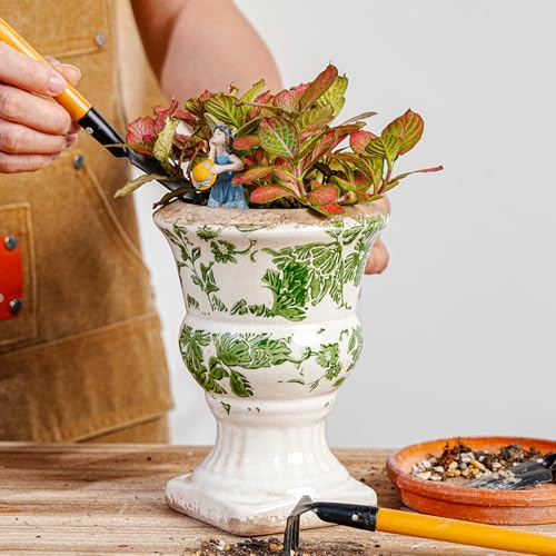 Sungmor Small Ceramic Urn Planter - Green Floral Pedestal Flower Pot - color: Green