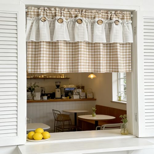 Beige Gingham Checkered Kitchen Short Curtain with Ruffle & Wooden Buttons - size: 39"W x 20"L (Pack of 1)