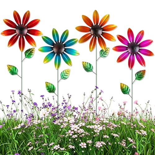 DETENE Metal Flower Garden Stakes Set of 4 Outdoor Flower Yard Decor - color: red