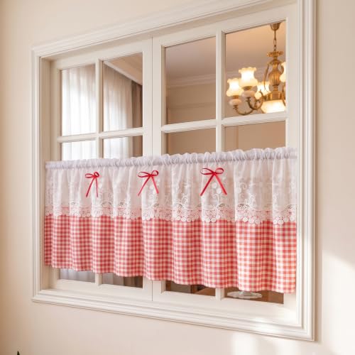 Red Gingham Valance Lace Curtain for Small Window Shabby Chic 52Wx18L - color: Red Gingham, size: 52"W x 18"L (Pack of 1)