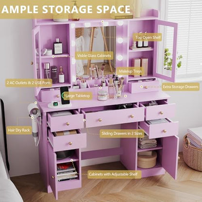 Xixini 44" Vanity Desk with Mirror & Lights, Glass Storage Cabinets, Purple - color: Purple