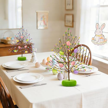 TURNMEON Easter Decorations 2 Pack Easter Tree with 14 Pastel Eggs Ornaments and Floral Berry Blossom, 15'' Tabletop Artificial Tree Easter Decor for Spring Party Table Centerpiece Room Home