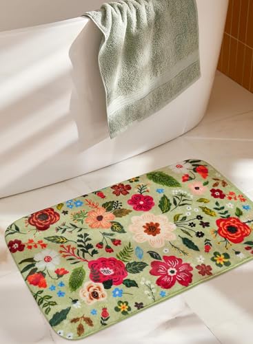 Floral Bathroom Rugs Cute Green Bath Mats, Flower Rug Non Slip Washable Green Bathroom Rug, Soft Small Bath Mat for Bathtub Floor - color: Floral Green, size: 1'5" x 2'3" (Rectangular)