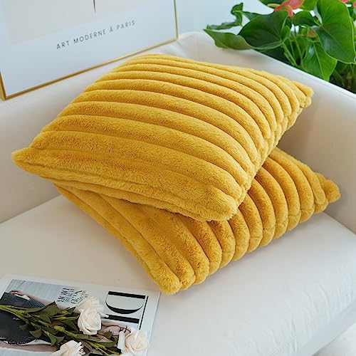 JOJUSIS Faux Fur Plush Throw Pillow Covers, Mustard Yellow, 24 x 24-Inch - color: Mustard Yellow, size: 24" x 24" (Pack of 2)